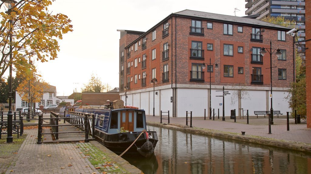 Canal view with ferry and building
